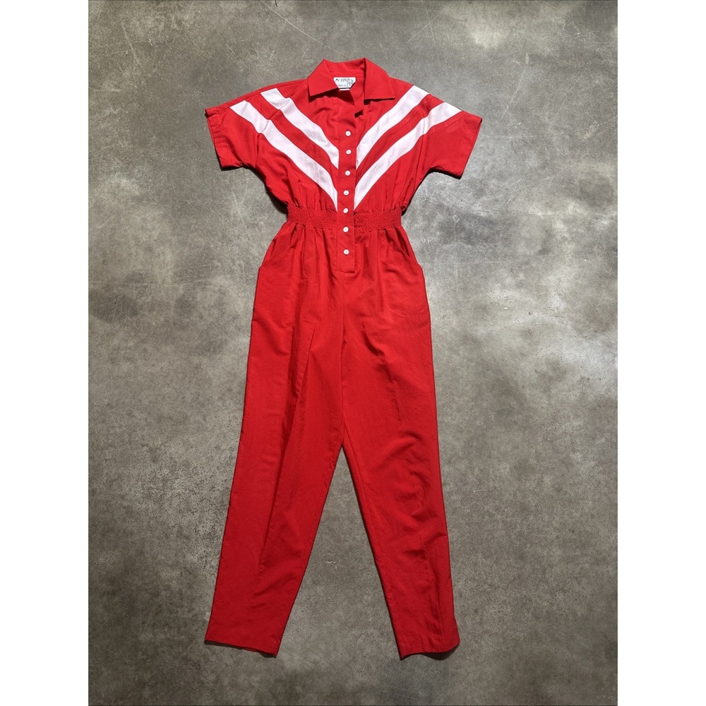 Vintage My Kinda Petite Red Chevron Stripe Jumpsuit 70s Nautical Rockabilly Sz 4